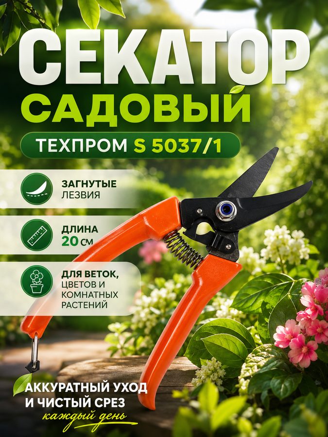 Секатор садовый техпром S 5037/1: загнутые лезвия, 20 см, для веток, цветов, комнатных растений.