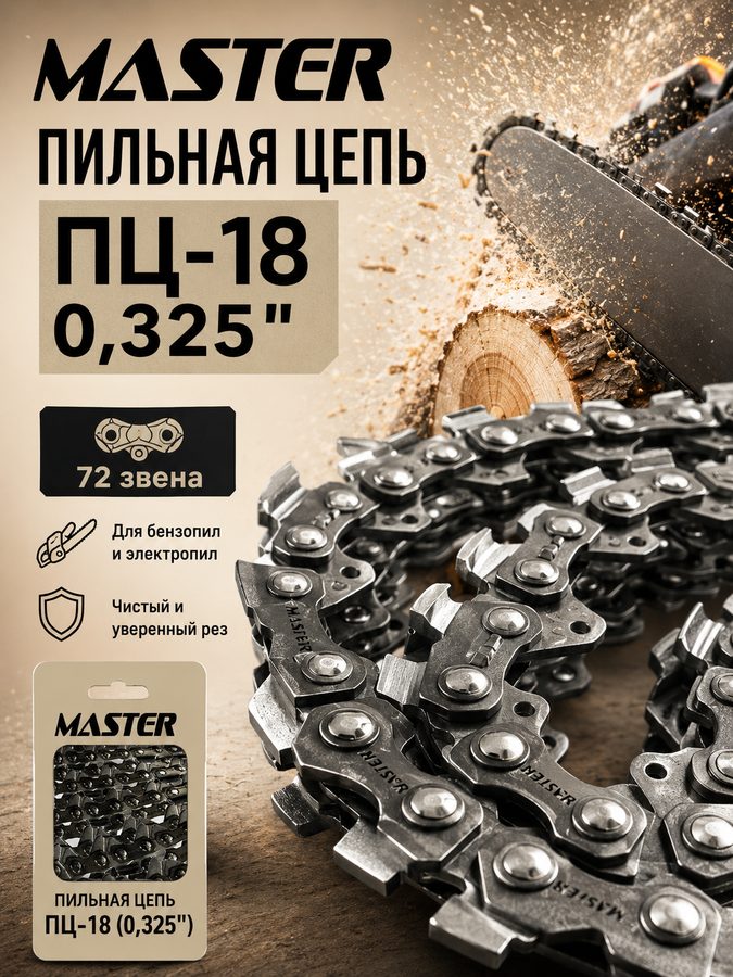 Пильная цепь Master ПЦ-18 для бензопилы, 18″, 0,325″, 1,5 мм, 72 звена, закруглённый зуб