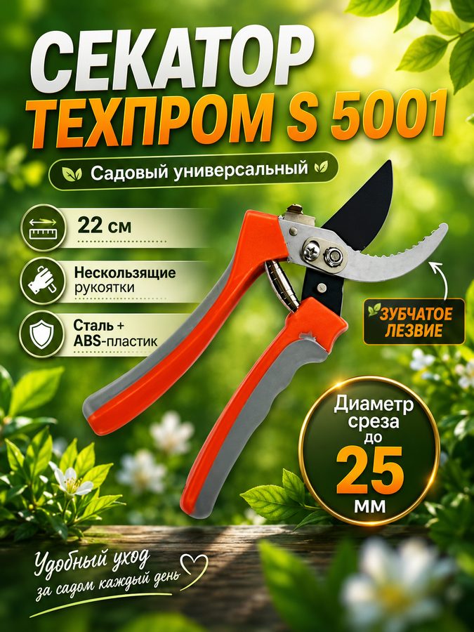 Секатор "техпром", S 5001, 22см, нескользящие рукоятки, сталь, ABS-пластик