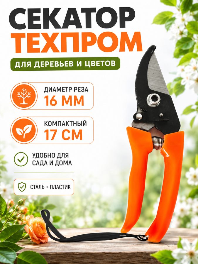 Секатор "техпром", для деревьев и цветов, сталь, пластик, длина 17см