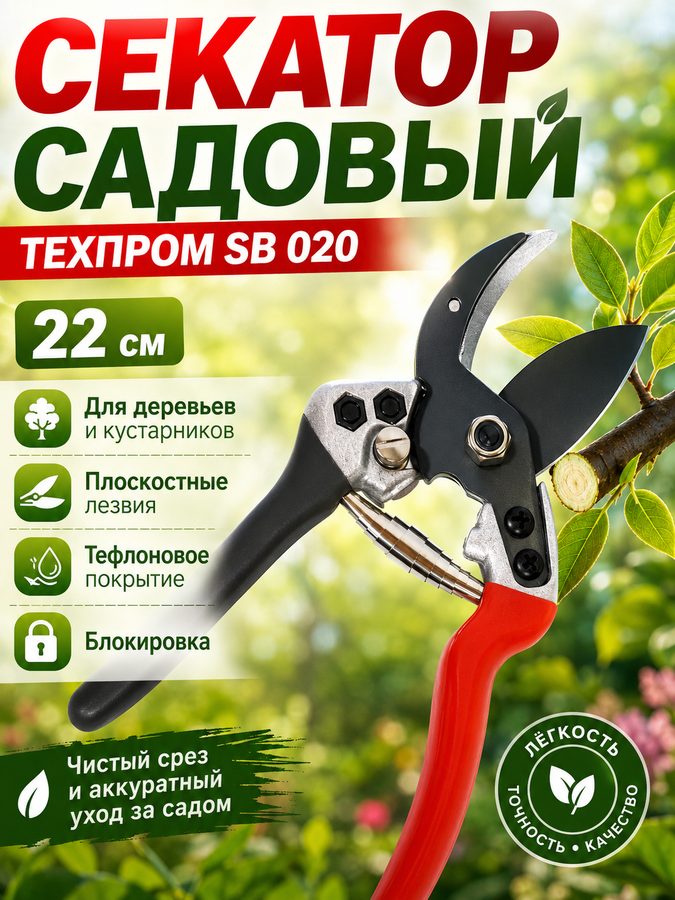 Секатор садовый техпром SB 020: 22 см, для деревьев и кустарников, тефлоновое покрытие, блокировка.