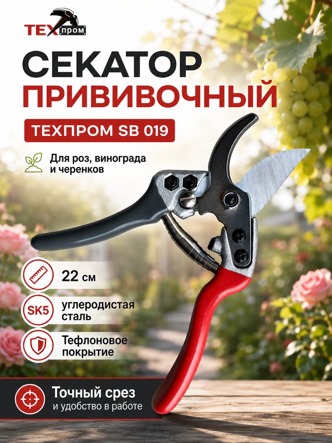 Секатор садовый техпром SB 019: прививочный тип, 22 см, для роз, винограда, черенков.