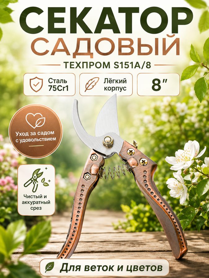 Секатор садовый техпром S151A/8: сталь 75Cr1, лёгкий корпус, 8″, для веток и цветов.