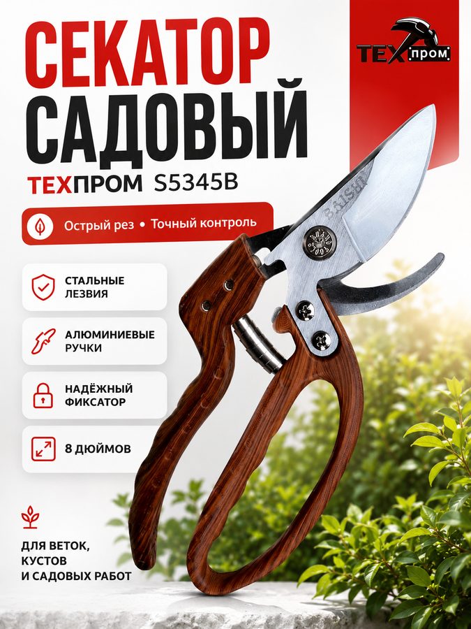 Секатор садовый техпром S 5345B, плоскостной, рез до 25 мм, длина 200 мм