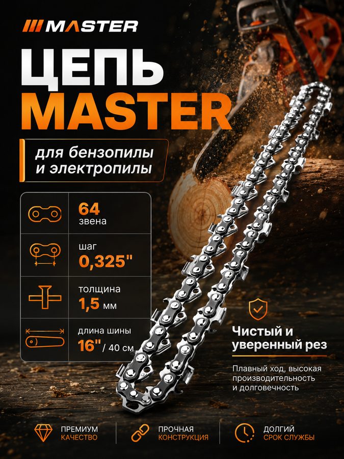 Пильная цепь Master ПЦ-16 00-00008440 для бензопилы, 16″, 0,325″, 1,5 мм, 64 звена, закруглённый зуб
