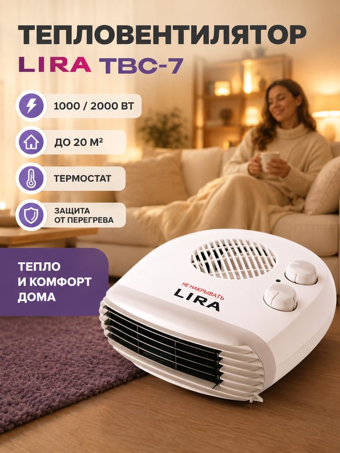 Тепловентилятор LIRA ТВС-7, 1000/2000 Вт, до 20 м², термостат, защита от перегрева, белый