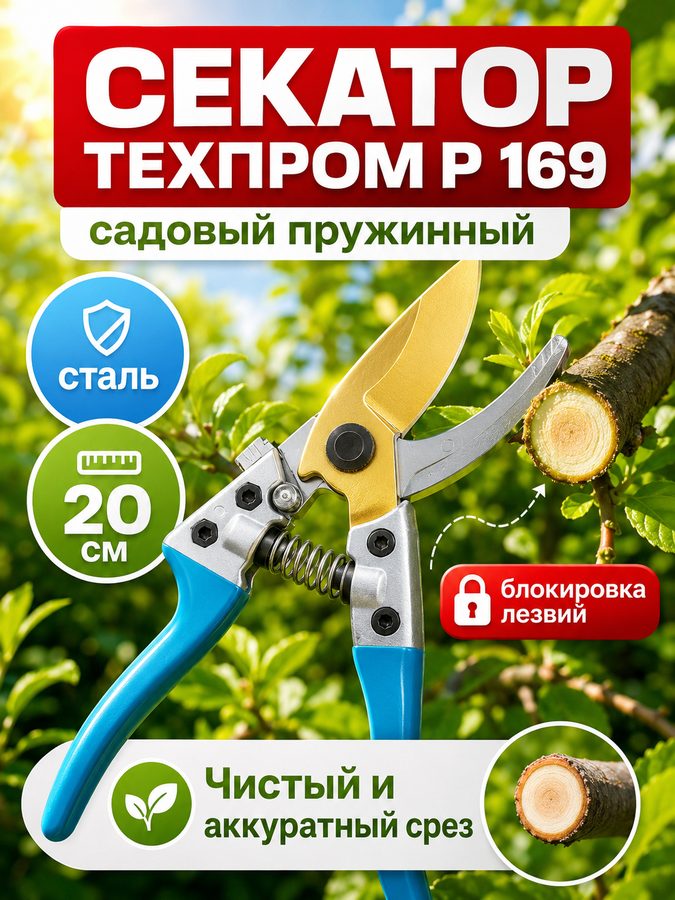 Секатор садовый техпром P 169: сталь, пружина, блокировка лезвий, 20 см.