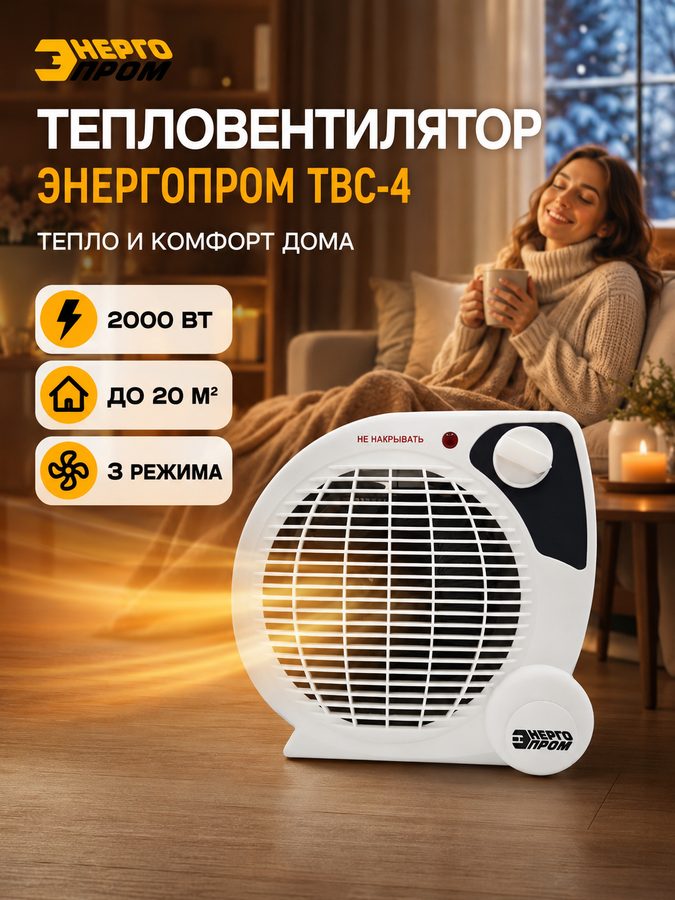Тепловентилятор энергопром ТВС-4, 1000/2000 Вт, до 20 м², холодный обдув, защита от перегрева, белый