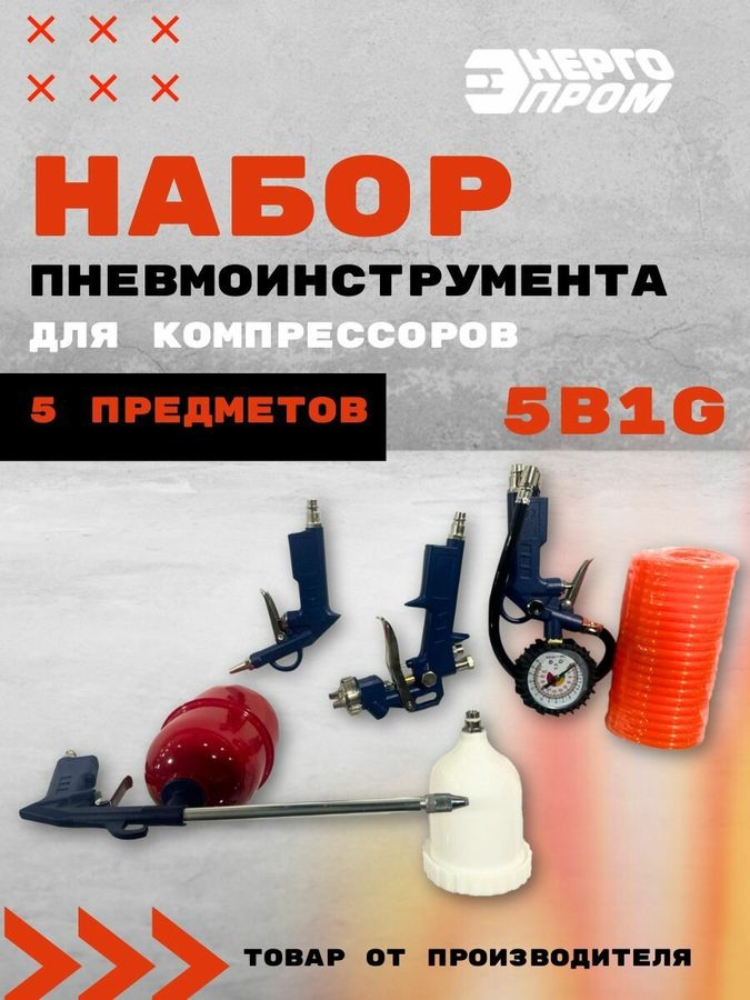 Набор пневмоинструмента для компрессора 5 в 1G "энергопром", 5 предметов