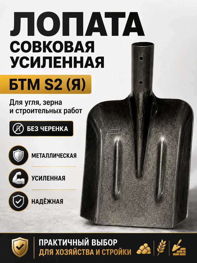Лопата совковая усиленная БТМ S2 00-00025032, рельсовая сталь 1,3 мм, без черенка