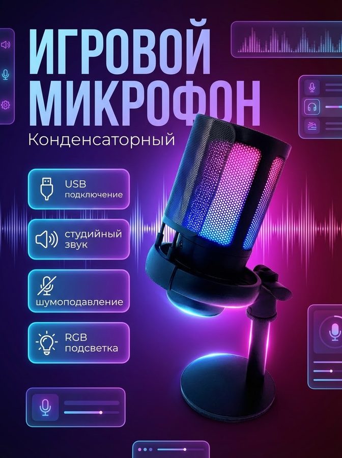 Конденсаторный USB микрофон, игровой RGB микрофон для компьютера и стрима, шумоподавление, подключение наушников