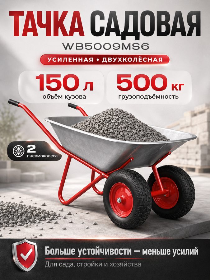 Тачка строительная двухколесная техпром WB5009MS6-150, 150 л, до 500 кг, колёса 4.00-8