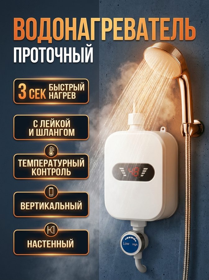 Водонагреватель проточный электрический 8 л/мин для душа, для квартиры дома и дачи, бытовой, вертикальный настенный