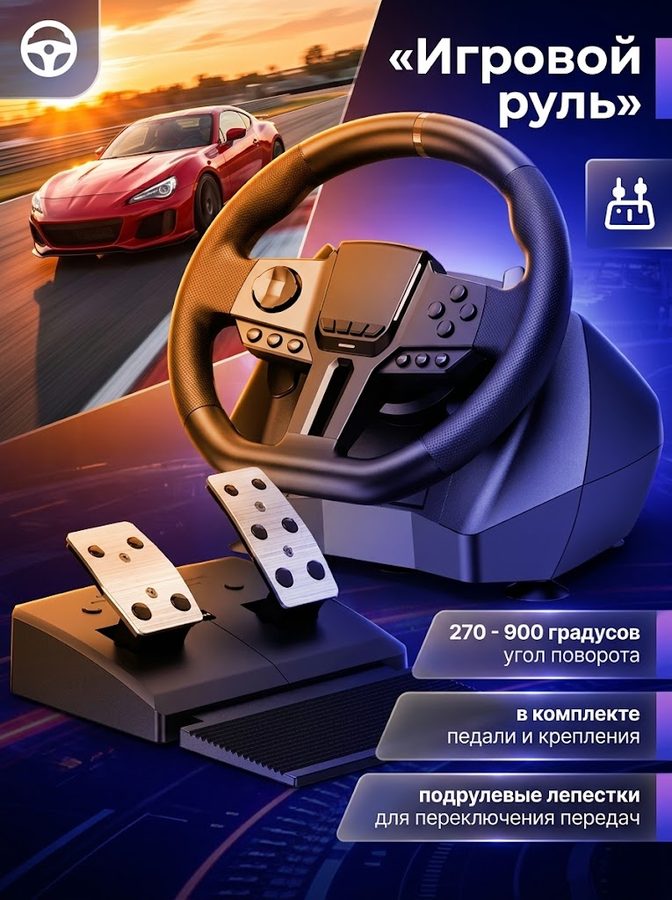 Игровой руль с педалями для пк 900 градусов, подрулевые лепестки для передач, вибрация, RGB подсветка