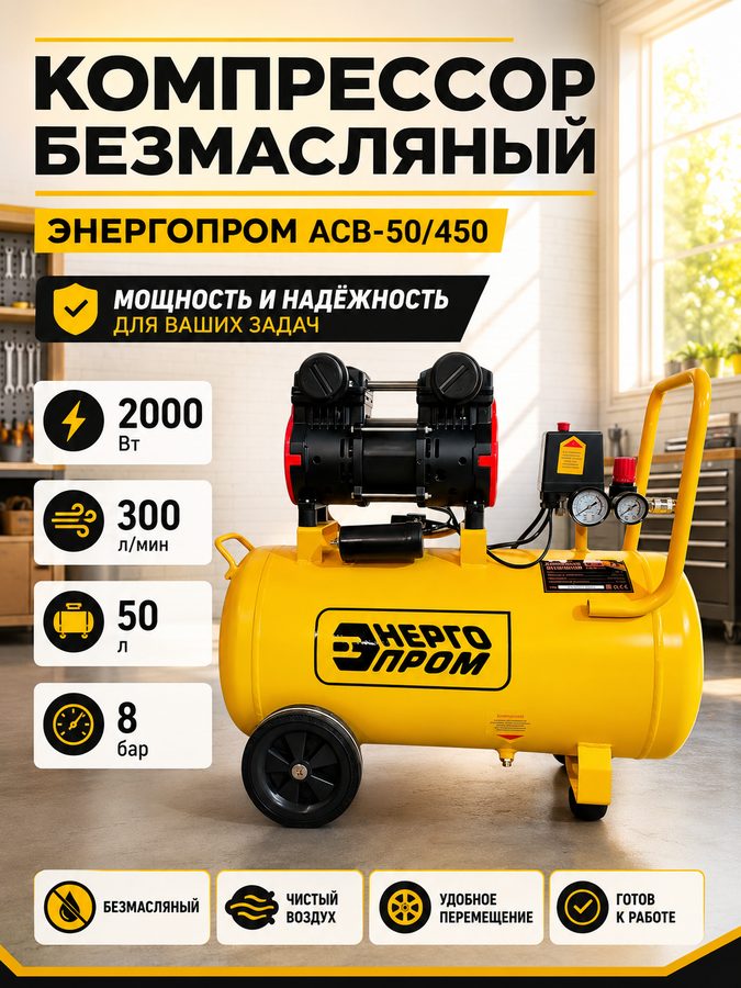 Компрессор безмасляный энергопром ACB-50/450, 2000 Вт, 300 л/мин, 50 л, 8 бар