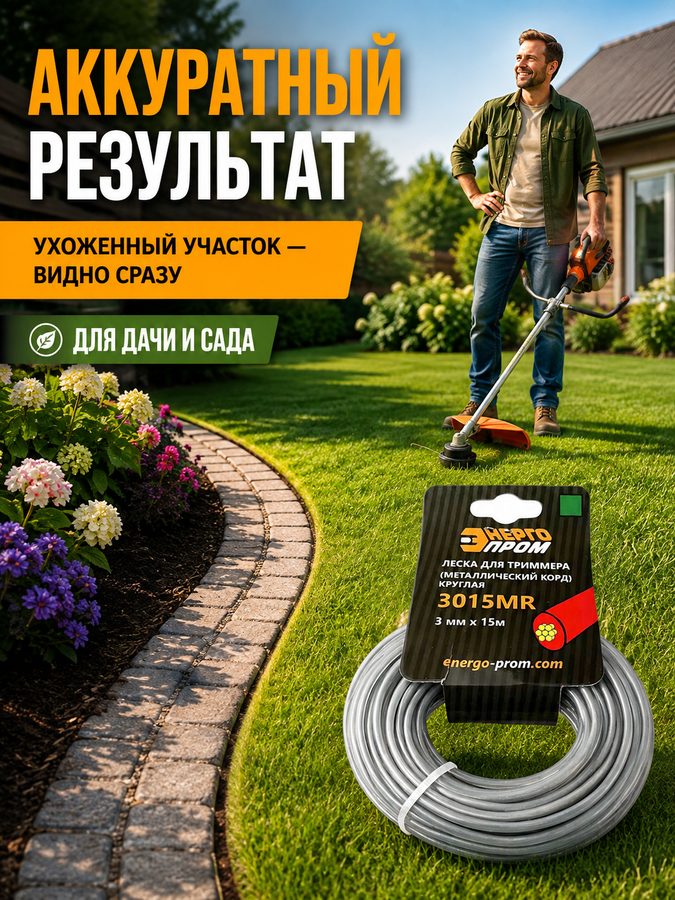 Леска для триммера энергопром 3015MR, металлический корд, круглая, 3 мм × 15 м, серая